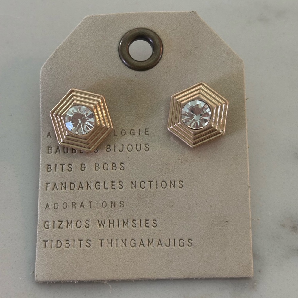 Anthropologie Hexagon Crystal Stud Earrings – Rose Gold Tone